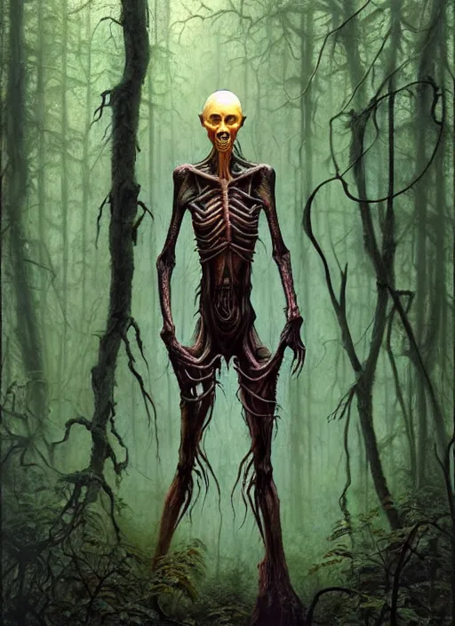 Image similar to hyper realistic spooky alien in the woods in a river gorgeous lighting, lush forest foliage blue sky a hyper realistic painting by chiara bautista and beksinski and norman rockwell and greg rutkowski, tom bagshaw weta studio, and lucasfilm