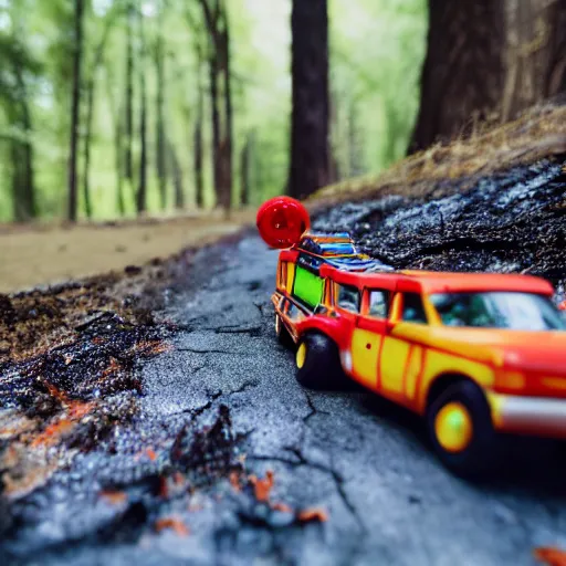 Image similar to macro photography of a toy hot wheels car driving through a forest fire, 3 5 mm