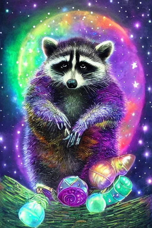 Image similar to purple stelar raccoon, fantasy tea dark and colorful, bright sparkling lights realistic night sky, stars, moon, bright crystal lanterns 3d, depth details In the art style of Victor Nizovtsev
