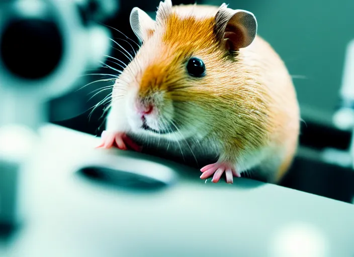 Image similar to film still of a hamster working in a research lab using a tiny microscope, 8 k