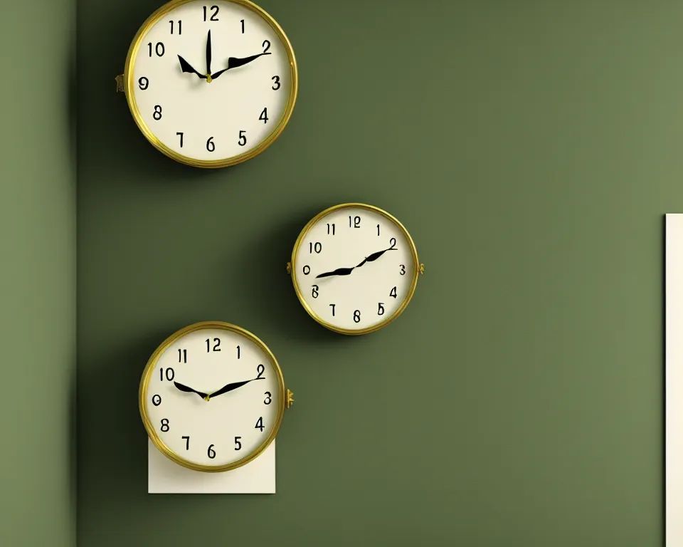 Prompt: an achingly beautiful print of modern gold clocks on a dark green wall by Raphael, Hopper, and Rene Magritte. detailed, romantic, enchanting, trending on artstation.