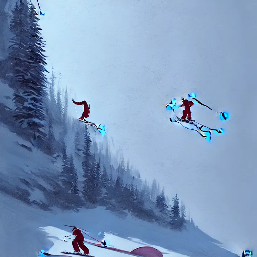 Image similar to pope skiing on a slope, digital painting, concept art, greg rutkowski, artstation, cinematic, matte painting