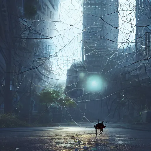 Image similar to a beautiful high - quality photo of a humongous spider walking through a solarpunk city, roads, pavements, trees, cosmic horror, unknowable, volumetric lighting, hyperrealistic, very detailed, 8 k