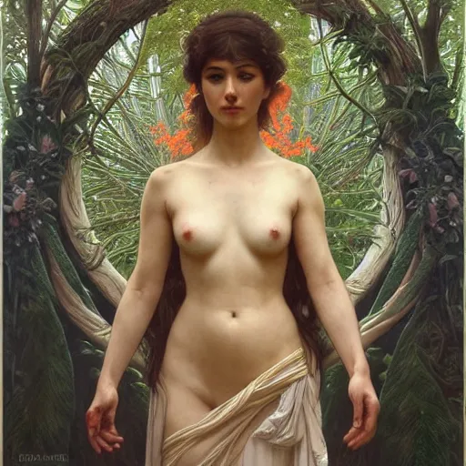 Image similar to portrait of forest god, intricate, elegant, highly detailed, digital painting, artstation, concept art, smooth, sharp focus, illustration, art by artgerm and greg rutkowski and alphonse mucha and william - adolphe bouguereau