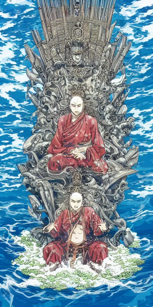 Image similar to a lone emperor sitting on a throne floating on water in the middle of a lake drawn by Makoto Yukimura in the style of Vinland saga anime, full color, detailed, psychedelic, Authority