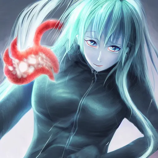 Image similar to rimuru tempest, tensei shitara slime datta ken, super highly detailed, professional digital painting, concept art, sharp focus, smooth, unreal engine 5, photorealism, hd quality, 8 k, black hoodie, cinematic, art by artgerm, yoshitaka amano, wataru kajika and junji ito