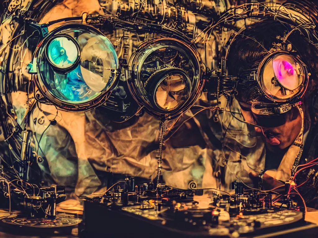 Image similar to a person wearing goggles and visor and headphones using a steampunk record player contraption, wires and tubes, turntablism dj scratching, intricate planetary gears, cinematic, imax, sharp focus, leds, bokeh, iridescent, black light, fog machine, hazy, lasers, hyper color digital art, cyberpunk