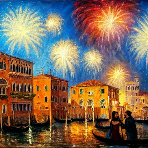 Image similar to an oil painting of couple kissing, in a background fireworks in venice