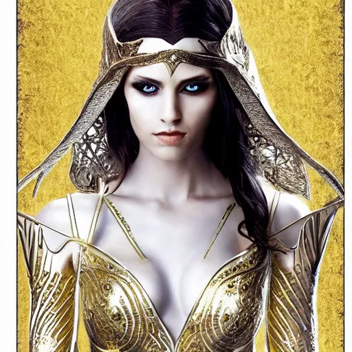 Image similar to perfect image of an elven woman dressed in white and gold