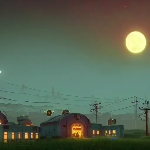 Image similar to An atom punk city with the moon shining through the clouds in utopia by Simon Stålenhag and Grant Wood,In style of 80s sci fi art.hyper detailed,4K,unreal engine 5,Ray Tracing,highly realistic.trending on Artstation