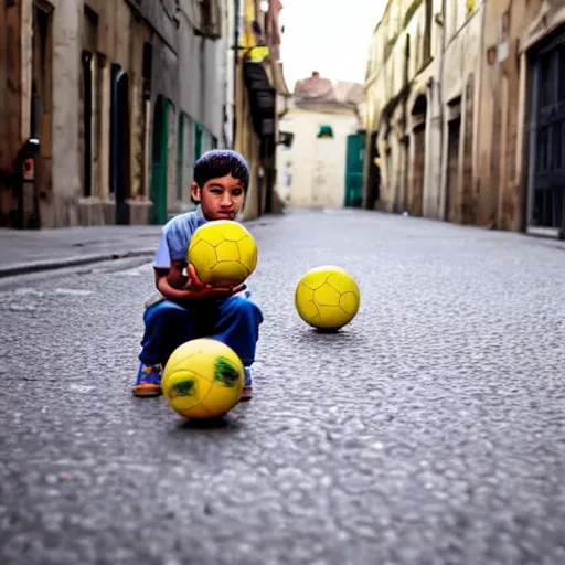 Image similar to a boy playing with a ball in the street 2 0's style