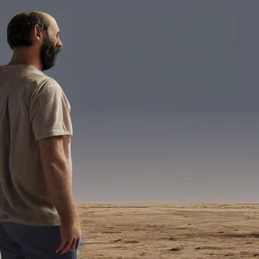 Prompt: a beautiful award-winning photo of the last man on Earth, serene idyllic background, volumetric lighting, very high quality, extremely detailed, subtle visual noise, 8K