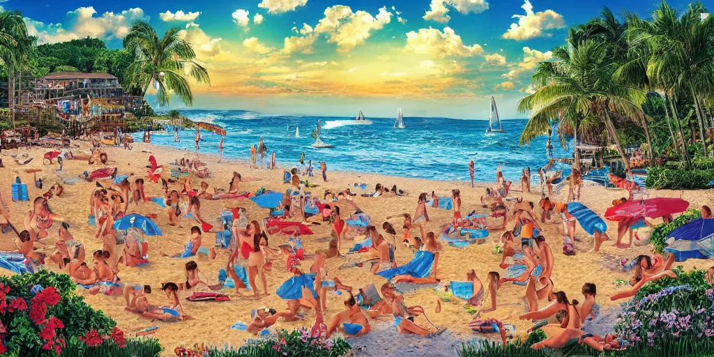 Prompt: an impossible Where’s Waldo puzzle, setting is the beach