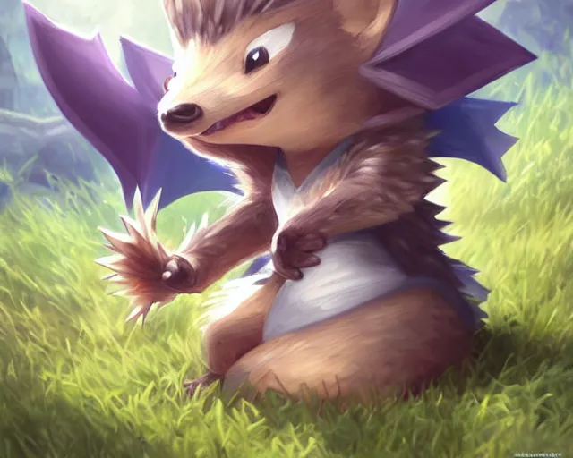 Prompt: a super cute anthropomorphic hedgehog from final fantasy, outside a big pokemon sword and shield school, deep focus, d & d, fantasy, intricate, elegant, highly detailed, digital painting, artstation, concept art, matte, sharp focus, illustration, hearthstone, art by artgerm and greg rutkowski and alphonse mucha