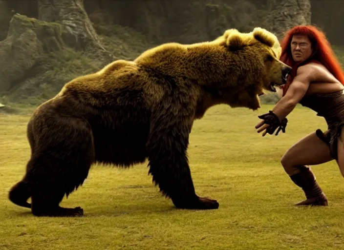 Image similar to she - hulk wrestling a bear lion, movie still, from the movie conan the barbarian, 8 k, realistic