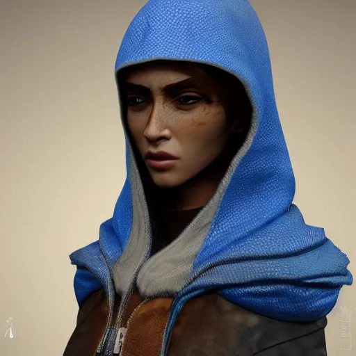 Image similar to a highly detailed portrait of a humanoid giraffe in a blue cloak, adventurer, artstation, deviantart, professional, unreal engine 5, octane render