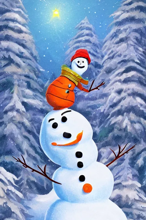 Prompt: illustration for a story that reads : up and down the hill, olaf goes. his carrot nose is red and glowing. to hike is something he enjoys, especially with his snowman friends., colorful, fantasy, pixar, childrens book illustration, sharp high detail, manga and anime ( 5 )