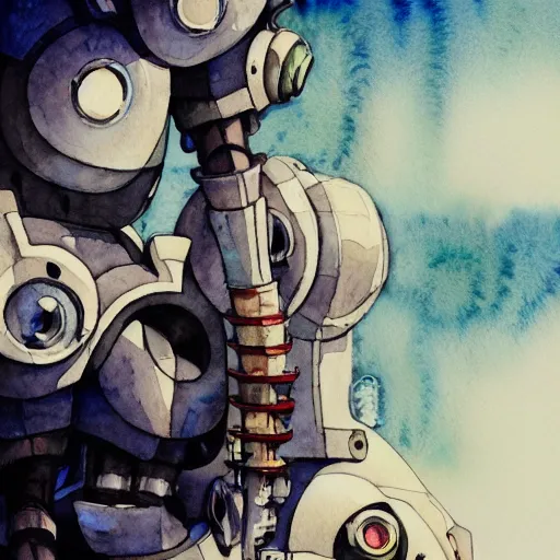 Image similar to watercolour painting of a broken robot repairing its own arm, anime, pencil lines, light watercolour, pale sky, beautiful artwork, anime screenshot, akihabara