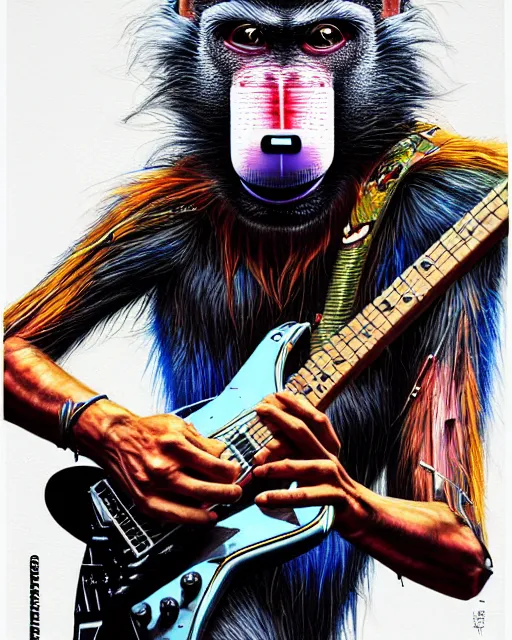 Image similar to a portrait of an anthropomorphic cyberpunk baboon shredding an electric guitar by sandra chevrier, by jon foster, detailed render, tape deck, epic composition, cybernetics, 4 k realistic, cryengine, realistic shaded lighting, sharp focus, masterpiece, by enki bilal