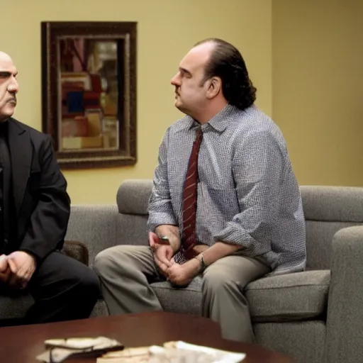 Prompt: dr. melfi and tony soprano in therapy