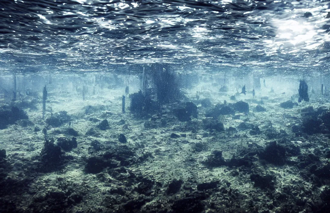 Prompt: glasgow city underwater, realistic, high detail, backlit, wide angle shot, turbid water