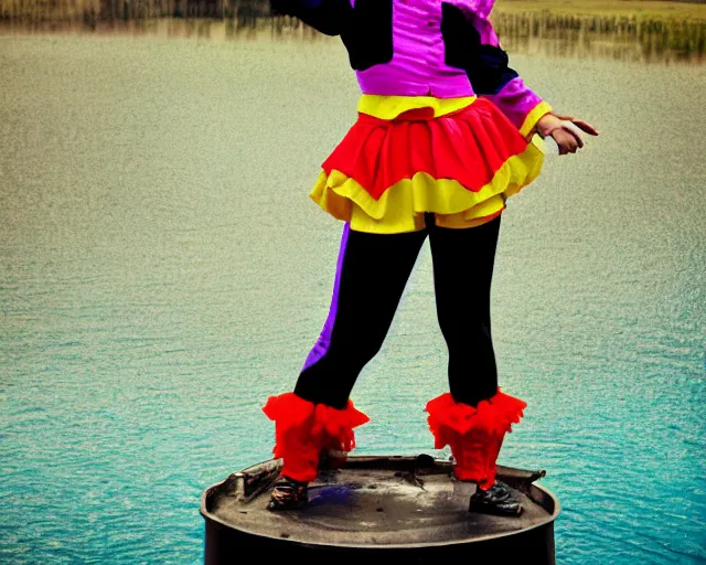 Prompt: clown girl android standing on a water tank