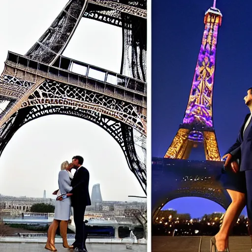 Image similar to marine le pen and Emmanuel macron kissing under the eiffel tower