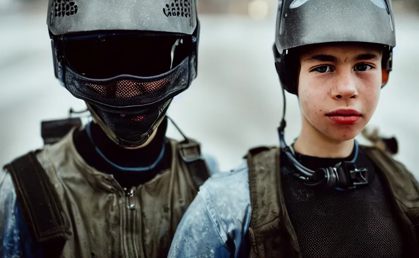 Prompt: cinestill 5 0 d candid photographic portrait by helen levitt of a mixed teen cyborg wearing rugged black mesh techwear riding on a dirtbike through an airport, extreme closeup, modern cyberpunk moody emotional cinematic, snow storm, 8 k, hd, high resolution, 3 5 mm, f / 3 2, ultra realistic faces, ex machina