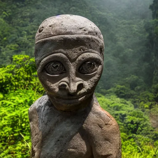 Prompt: weathered Maya stone statue of an alien in front of a wide, foggy valley with beautiful waterfall in the jungle, award winning photography, 8k