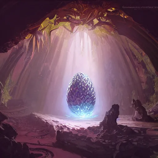 Image similar to A large acid dragon egg inside a tropical cave, fantasy art by greg rutkowski and alphonse mucha, highly detailed, digital painting, matte painting, concept art, illustration, oppressive lighting, trending on artstation, very detailed