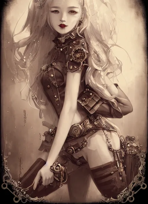 Image similar to daguerreotype of beautiful steampunk girl, white skin, long blonde hair, lipstick, short pants, belts, black croptop, junkyard, high fantasy, highly detailed, digital illustration, by rossdraws, sakimichan frank franzzeta