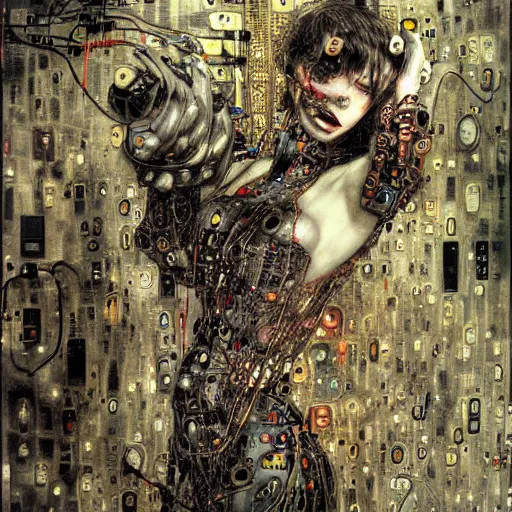 Image similar to depraved cybernetic vampire trapped in circuitry, intricate detail, miro, royo, whealan, klimt,