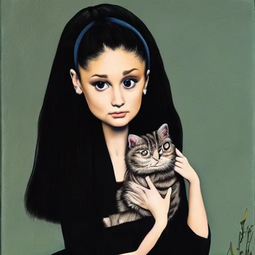 Prompt: ariana grande holding an extremely annoyed, hissing cat, lowbrow painting by mark ryden