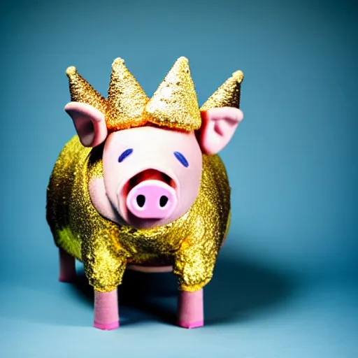 Image similar to studio photograph of a pig wearing a gold crown depicted as a muppet cooking