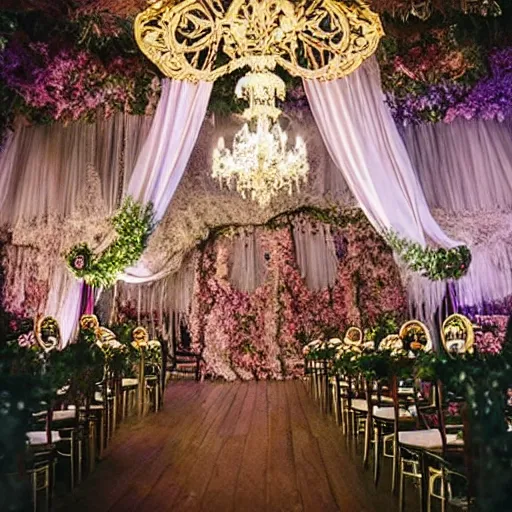 Prompt: A fantasy historical 1900s Russian and Japanese mix taken of a royal wedding floral covered venue inspired by a enchanted ethereal forest.