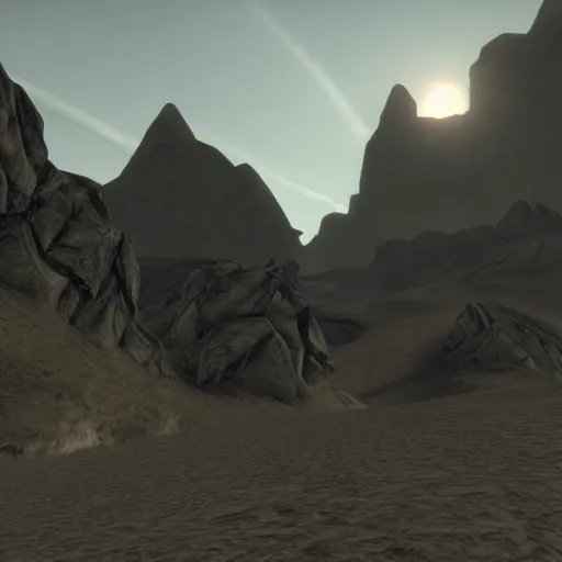 Prompt: screenshot of a desert in skyrim