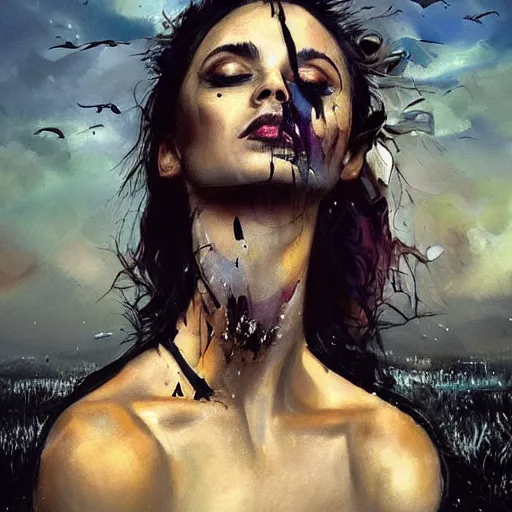 Image similar to morning, raven perching on the shoulder of a woman in a black dress. sun, cinematic, clouds, vogue cover style, contracting colors mood, realistic painting, intricate oil painting, high detail, figurative art, multiple exposure, poster art, 3 d, by simon bisley, ismail inceoglu, wadim kashin, filip hodas.