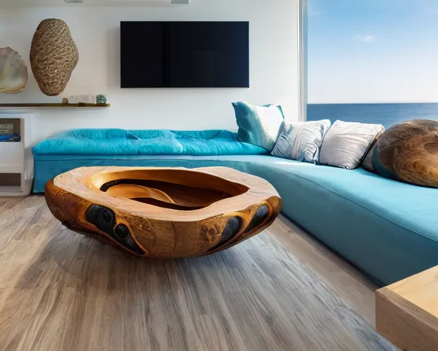 Image similar to A modern living room inspired by the ocean, a luxurious wooden coffee table with large seashells on it, amazing detail, 8k resolution, blue color, calm, relaxed style, harmony, wide angle shot