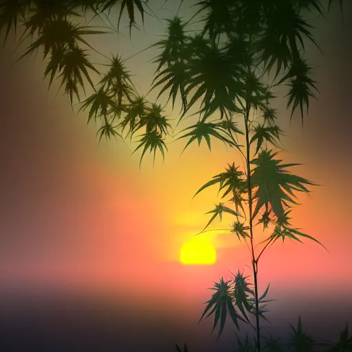 Prompt: an amazing deep painting of a marijuana world, intricate detail, sunset, idyllic, serene, volumetric lighting, 8 k, photorealistic, digital art trending on artstation