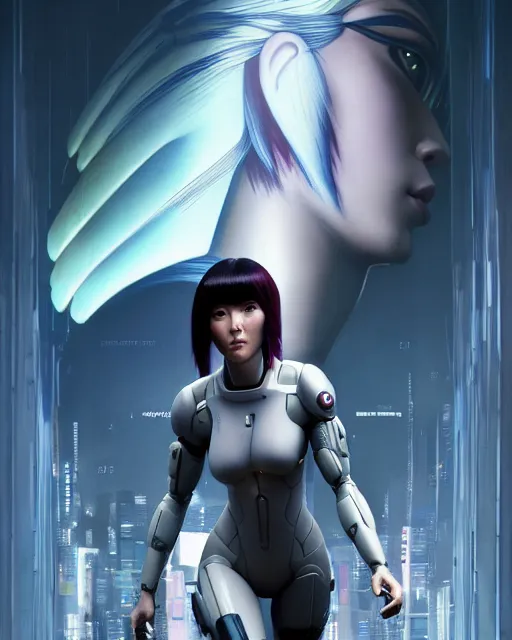 Image similar to weta disney pixar movie still portrait photo of motoko kusanagi ghost in the shell : : as cyborg woman by pixar : : by weta, wlop, ilya kuvshinov, rossdraws, artgerm, marvel, maxim cover, latex, octane render, sweaty, iridescent, bright morning, anime, liosh, mucha : :