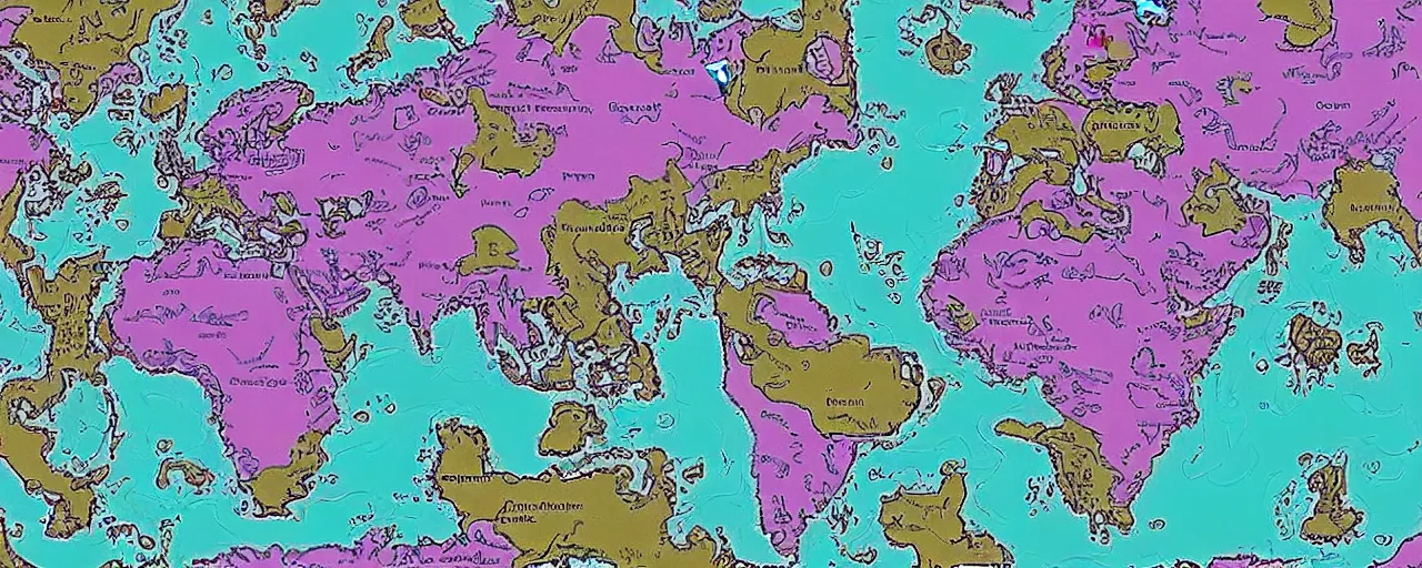 Prompt: Environment map, hunter x hunter. Large ocean in the middle of the map containing four large green islands, the ocean is surrounded by land, gothic mountains, bright sparkling waterfalls, pink and blue grasslands, purple and mauve forests, bold colours, intricate, highly detailed, cartographic
