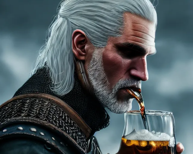 Image similar to 5 5 mm portrait photo of geralt drinking a beer. magical atmosphere. art by greg rutkowski. highly detailed 8 k. intricate. lifelike. soft light. nikon d 8 5 0.