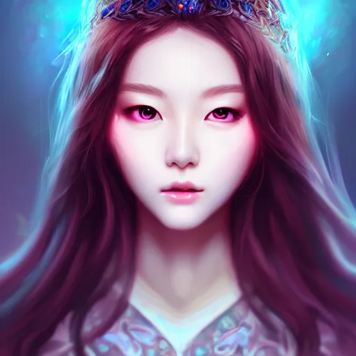 Image similar to Portrait of female Korean idol, D&D, blue eyes, face, fantasy, intricate, elegant, highly detailed, digital painting, artstation, concept art, smooth, sharp focus, illustration