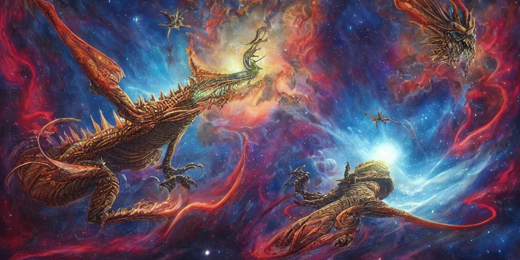 Image similar to an alien dragon flying in outer space, epic nebula, Dan Seagrave art