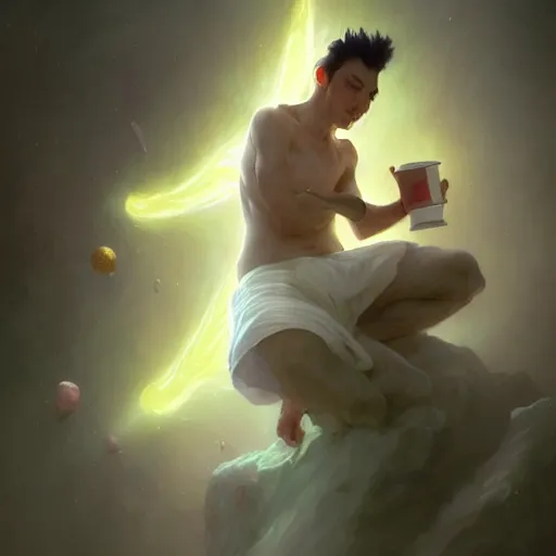 Image similar to A man drinking a cup of cosmic energy bright light, illustration by Ruan Jia and Mandy Jurgens and William-Adolphe Bouguereau, Artgerm, 4k, digital art, surreal, anime style, space dandy style, highly detailed, godsend, artstation, digital painting, concept art, smooth, sharp focus, illustration by Ruan Jia and Mandy Jurgens and William-Adolphe Bouguereau, Artgerm