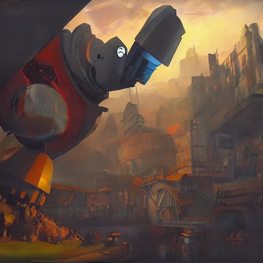 Prompt: epic cinematic, the iron giant looms over hogarth, digital painting, washed painterly, vibrant color and harsh shadow light