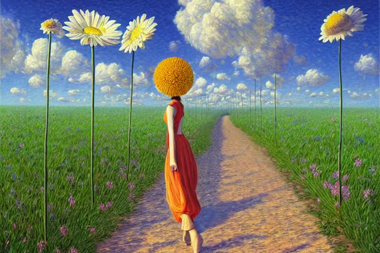 Image similar to giant daisy flower head, woman walking, surreal, clouds in sky, impressionist painting, digital painting, artstation, rob gonsalves