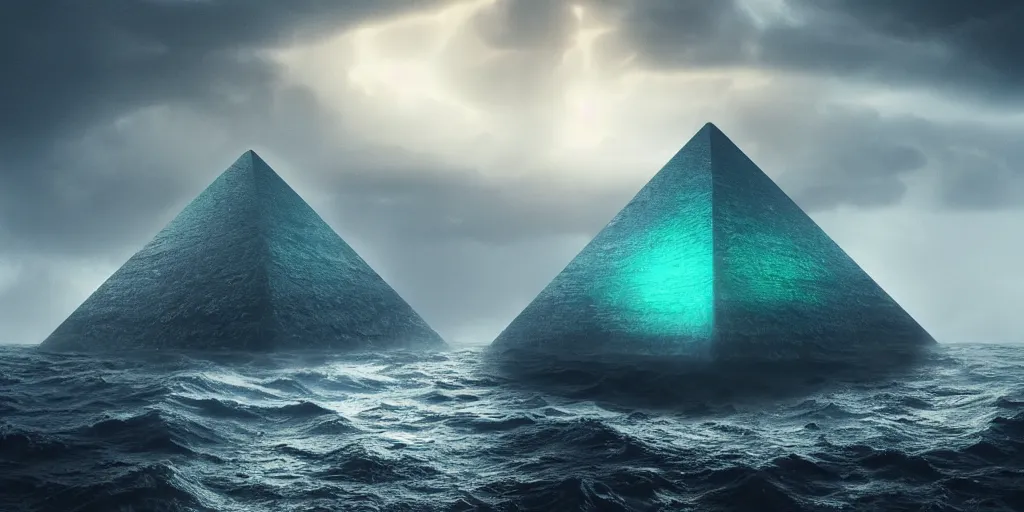 Prompt: ominous glowing pyramid in the middle of a stormy ocean, art direction by beeple, enigmatic scene, rembrandt lighting, unreal engine, ray - tracing, 4 k, high detail