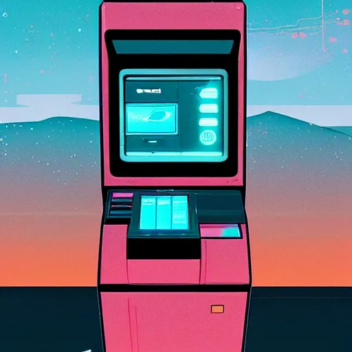 Image similar to withdrawing Solana cryptocurrency from an atm, futuristic illustration, by James Gilleard and Bruce Pennington, highly detailed,