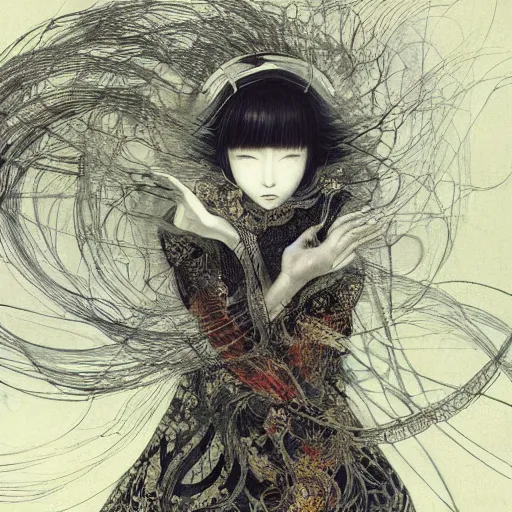 Image similar to yoshitaka amano blurred and dreamy realistic illustration of a japanese woman with black eyes, wavy white hair fluttering in the wind wearing elden ring armor with engraving, abstract patterns in the background, satoshi kon anime, noisy film grain effect, highly detailed, renaissance oil painting, weird portrait angle, blurred lost edges, three quarter view